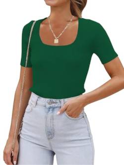 Eniloyal T-Shirt Damen Elegant Gerippt Eckiger Ausschnitt Basic Oberteil Sommer Kurzarm Fashion Shirt Tshirt Grünes M von Eniloyal