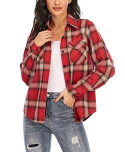 Enjoyoself Damen Flanellhemd 100% Baumwolle Langarm Holzfällerhemd Button-down Karierte Bluse für Alltag Oktoberfest Rot+Rosa,XXL von Enjoyoself