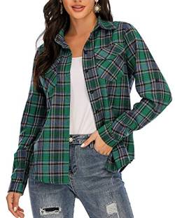 Enjoyoself Damen Flanellhemd Baumwolle Langarm Holzfällerhemd Button-down Karierte Bluse für Alltag Oktoberfest Grün-blau,XXL von Enjoyoself