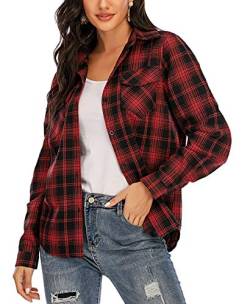 Enjoyoself Damen Flanellhemd Baumwolle Langarm Holzfällerhemd Button-down Karierte Bluse für Alltag Oktoberfest Rot(Fein Karo),XXL von Enjoyoself