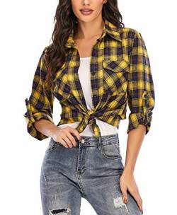 Enjoyoself Damen Flanellhemd Langarm Holzfäller Hemden 100% Baumwolle Button-down Karierte Bluse für Frühling Herbst Gelb,S von Enjoyoself