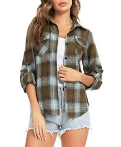 Enjoyoself Damen Flanellhemd Langarm Holzfäller Hemden 100% Baumwolle Button-down Karierte Bluse für Frühling Herbst braun+grün,XL von Enjoyoself