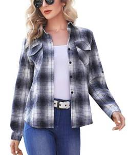 Enjoyoself Damen Flanellhemd Langarm Holzfäller Hemden 100% Baumwolle Button-down Karierte Bluse für Frühling Herbst weiß+schwarz,L von Enjoyoself