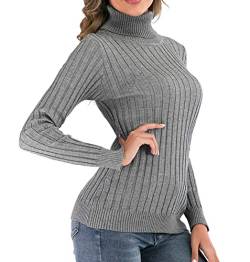 Enjoyoself Damen Gerippter Rollkragenpullover Feinstrick Elegant Langarm Strickpulli Stretch Warmer Winter Rolli,Grau,S von Enjoyoself