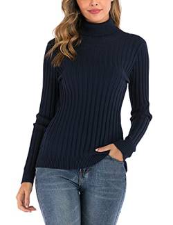 Enjoyoself Damen Gerippter Rollkragenpullover Feinstrick Elegant Langarm Strickpulli Stretch Warmer Winter Rolli,Navyblau,S von Enjoyoself