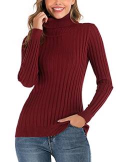 Enjoyoself Damen Gerippter Rollkragenpullover Feinstrick Elegant Langarm Strickpulli Stretch Warmer Winter Rolli,Weinrot,L von Enjoyoself