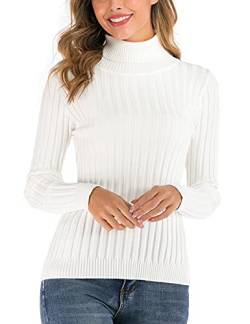 Enjoyoself Damen Gerippter Rollkragenpullover Feinstrick Elegant Langarm Strickpulli Stretch Warmer Winter Rolli,Wollweiß,L von Enjoyoself