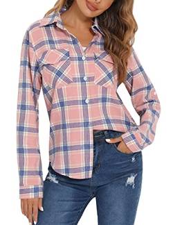 Enjoyoself Damen Karierte Bluse 100% Baumwolle Flanellhemd Langarm Holzfällerhemd Button-down Karobluse für Frühling Herbst Hellrosa,L von Enjoyoself