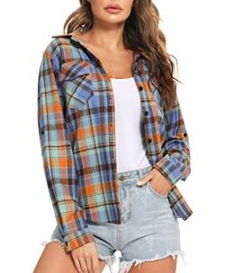 Enjoyoself Damen Karierte Bluse 100% Baumwolle Langarm Karo Flanellhemd Button-down Lässige Western Bluse für Alltag Blue+orange,L von Enjoyoself