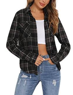 Enjoyoself Damen Kariertes Hemd 100% Baumwolle Langarm Holzfällerhemd Button-down Karobluse für Alltag Oktoberfest Schwarz,M von Enjoyoself