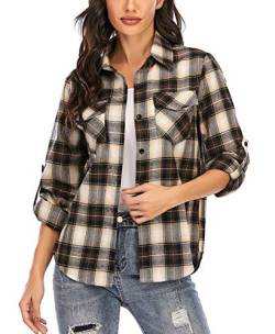 Enjoyoself Damen Karohemd 100% Baumwolle Holzfäller Langarm Button-down Flanellhemd Boyfriend Karierte Bluse Braun,M von Enjoyoself