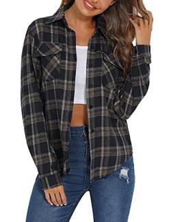 Enjoyoself Damen Karohemd 100% Baumwolle Holzfäller Langarm Button-down Flanellhemd Boyfriend Karierte Bluse für Herbst Dunkelblau,M von Enjoyoself