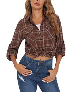 Enjoyoself Damen Karohemd 100% Baumwolle Holzfäller Langarm Button-down Flanellhemd Boyfriend Karierte Bluse für Herbst Dunkelbraun,S von Enjoyoself