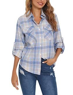 Enjoyoself Damen Karohemd 100% Baumwolle Holzfäller Langarm Button-down Flanellhemd Boyfriend Karierte Bluse für Herbst Hellblau,L von Enjoyoself