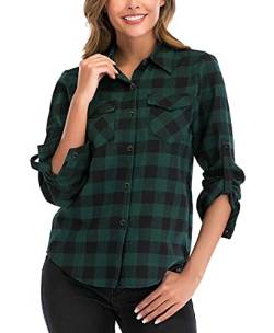 Enjoyoself Damen Karohemd Baumwolle Holzfäller Bluse Langarm Button-down Flanellhemd Boyfriend Karierte Bluse für Alltag Oktoberfest,Grün,L von Enjoyoself