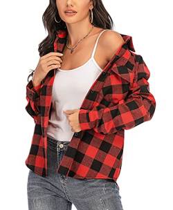 Enjoyoself Damen Karohemd Baumwolle Holzfäller Bluse Langarm Button-down Flanellhemd Boyfriend Karierte Bluse für Alltag Oktoberfest Rot,L von Enjoyoself