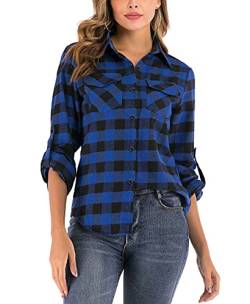 Enjoyoself Damen Karrierte Bluse Langarm Karo Flanell Hemden Baumwolle Button-down Hemdbluse für Alltag und Oktoberfest,Blau-Schwarz,M von Enjoyoself