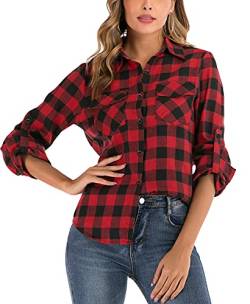 Enjoyoself Damen Karrierte Bluse Langarm Karo Flanell Hemden Baumwolle Button-down Hemdbluse für Alltag und Oktoberfest,Rot-Schwarz,M von Enjoyoself