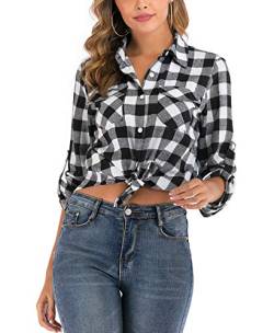 Enjoyoself Damen Karrierte Bluse Langarm Karo Flanell Hemden Baumwolle Button-down Hemdbluse für Alltag und Oktoberfest,Schwarz-Weiß,M von Enjoyoself