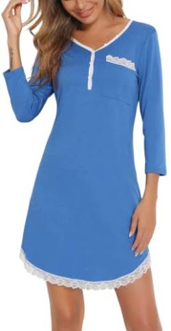 Enjoyoself Damen Kurzes Nachthemd Elegant 3/4 Arm Spitzen Schlafshirt mit Knopfleiste Weich Baumwolle Nachtwäsche Stillnachthemd Blau,S von Enjoyoself