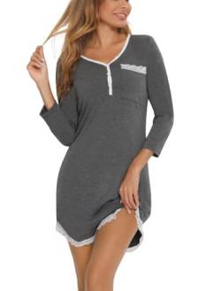 Enjoyoself Damen Kurzes Nachthemd Elegant 3/4 Arm Spitzen Schlafshirt mit Knopfleiste Weich Baumwolle Nachtwäsche Stillnachthemd Grau,XL von Enjoyoself