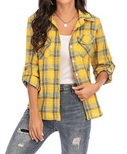 Enjoyoself Damen Langarm Karierte Bluse Baumwolle Flanellhemd Button Down Boyfriend Blusen für Alltag Oktoberfest Gelb,M von Enjoyoself