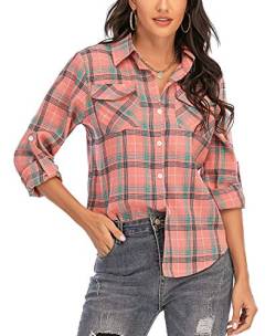 Enjoyoself Damen Langarm Karierte Bluse Baumwolle Flanellhemd Button Down Boyfriend Blusen für Alltag Oktoberfest Rosa,S von Enjoyoself