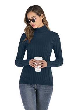 Enjoyoself Damen Langarm Rollkragenpullover Gerippt Feinstrick Rolli Basic Stretch Winterpulli Elegant Warm Sweatshirt Blau,XL von Enjoyoself