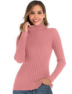 Enjoyoself Damen Langarm Rollkragenpullover Gerippt Feinstrick Rolli Basic Stretch Winterpulli Elegant Warm Sweatshirt Rosa,XXL von Enjoyoself