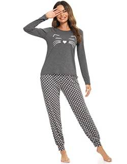 Enjoyoself Damen Langer Schlafanzug Baumwolle Zweiteilig Pyjama Set Kuschelig Hausanzug Rundhals Sleepshirt+gepunkete Schlafhose dunkelgrau,L von Enjoyoself