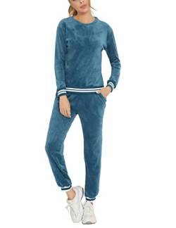 Enjoyoself Damen Nicki Hausanzug Kuschelig 2 Teiliger Velour Jogginganzug mit Bündchen Rundhals Samtweich Homewear für Herbst Winter Blau,L von Enjoyoself