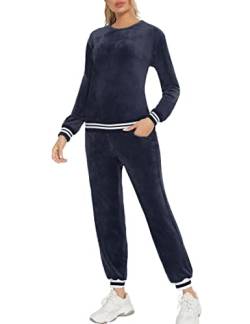 Enjoyoself Damen Nicki Hausanzug Kuschelig 2 Teiliger Velour Jogginganzug mit Bündchen Rundhals Samtweich Homewear für Herbst Winter Navyblau,S von Enjoyoself