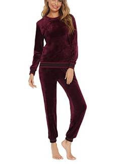 Enjoyoself Damen Nicki Hausanzug Kuschelig 2 Teiliger Velour Jogginganzug mit Bündchen Rundhals Samtweich Homewear für Herbst Winter Weinrot,XXL von Enjoyoself