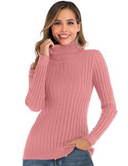 Enjoyoself Damen Rollkragenpullover Langarm Rippen Feinstrick Rolli Warm Stretch Sweatshirt für Herbst Winter Rosa,XL von Enjoyoself