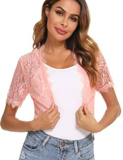 Enjoyoself Damen Spitzen Bolero Kurzarm Elegante Festliche Bolerojacke Leicht Luftig Jäckchen Sommer Schulterjacke zum Top Kleid Rosa,S von Enjoyoself