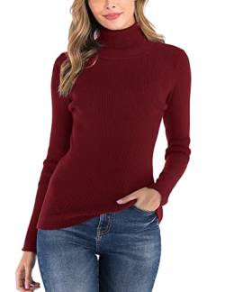 Enjoyoself Damen Strickpullover mit Rollkragen Langarm Rippstrick Pullover Kuschelig Stretch Rolli für Winter Weinrot,M von Enjoyoself