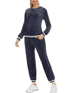 Enjoyoself Damen Velours Hausanzug Kuschelig Jogginganzug mit Gestreift Bündchen 2 Teilig Sportlich Anzug für Zuhause Freizeit Grau,XL von Enjoyoself