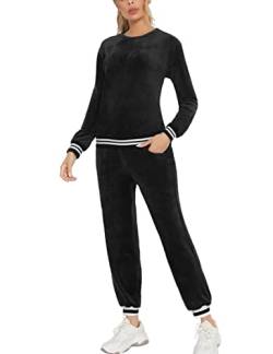 Enjoyoself Damen Velours Traningsanzug Samtweich Hausanzug mit Gerippt Bündchen Langarm Rundhals Pullover+Lange Hose mit Tasche Schwarz,M von Enjoyoself