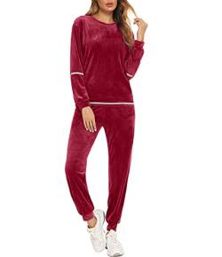 Enjoyoself Damen Velours Traningsanzug Samtweich Hausanzug mit Paillette Leichter Langarm Rundhals Pullover+Lange Hose mit Bündchen Weinrot,XXL von Enjoyoself