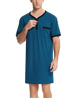 Enjoyoself Herren Nachthemd Kurzarm Baumwolle Einteiliger Schlafanzug Luftig Lang Nachtwäsche Shirt mit Knopfleiste Praktisch Sleepshirt Blau,S von Enjoyoself