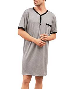 Enjoyoself Herren Nachthemd Kurzarm Baumwolle Einteiliger Schlafanzug Luftig Lang Nachtwäsche Shirt mit Knopfleiste Praktisch Sleepshirt Grau,XL von Enjoyoself