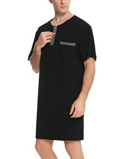 Enjoyoself Herren Nachthemd Kurzarm Baumwolle Einteiliger Schlafanzug Luftig Lang Nachtwäsche Shirt mit Knopfleiste Praktisch Sleepshirt Schwarz,XL von Enjoyoself
