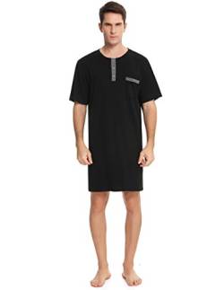 Enjoyoself Herren Nachthemd Kurzarm Rundhals Schlafanzugoberteil Weich Baumwolle Sleepshirt mit Knopfleiste Lufitg Schlafanzug ohne Hosengummi Schwarz,M von Enjoyoself