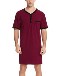 Enjoyoself Herren Nachthemd Kurzarm Rundhals Schlafanzugoberteil Weich Baumwolle Sleepshirt mit Knopfleiste Lufitg Schlafanzug ohne Hosengummi weinrot,L von Enjoyoself