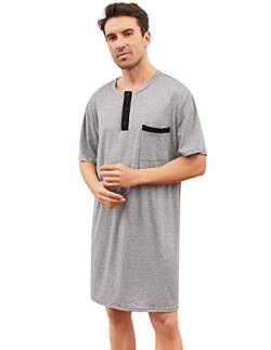 Herren Nachthemd Baumwolle Kuschelig Kurzarm Runhals Nachtwäsche Shirt mit Seitenschlitze Luftig Einteilig Schlafanzug Grau,S von Enjoyoself