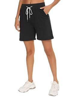 Enjyam Damen 100% Baumwolle Bermudashorts Kurze Weite Freizeithose Gummibund Krempelshorts mit Tasche Locker Strandhose Schwarz,XXL von Enjyam