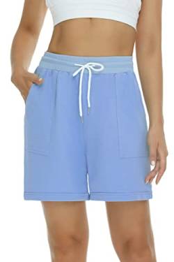 Enjyam Damen Bermuda Shorts Baumwolle Sommer Sweatshorts Sporthose mit Aufschlag Gummizug Sportlich Lässige Sommerbermuda Hellblau,XXL von Enjyam