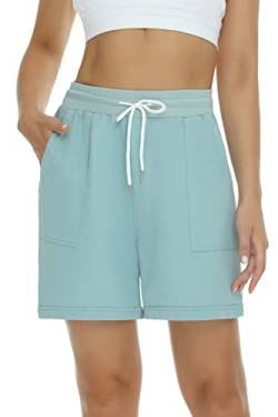 Enjyam Damen Bermuda Shorts Baumwolle Sommer Sweatshorts Sporthose mit Aufschlag Gummizug Sportlich Lässige Sommerbermuda Türkis,M von Enjyam