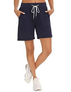 Enjyam Damen Bermuda Shorts Sommer Gummizug Kurze Sweathose mit Aufschlag Knielang Sporthose Freizeithose Weitem Bein von Enjyam