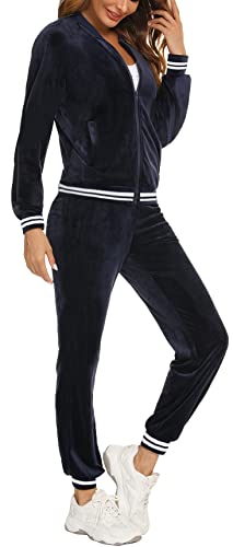 Enjyam Damen Nicki Trainingsanzug Kuschelig Warm 2 Teilig Samt Jogginganzug Hausanzug für Herbst Winter, Langarm Zipjacke+Lange Hose,Navy,M von Enjyam